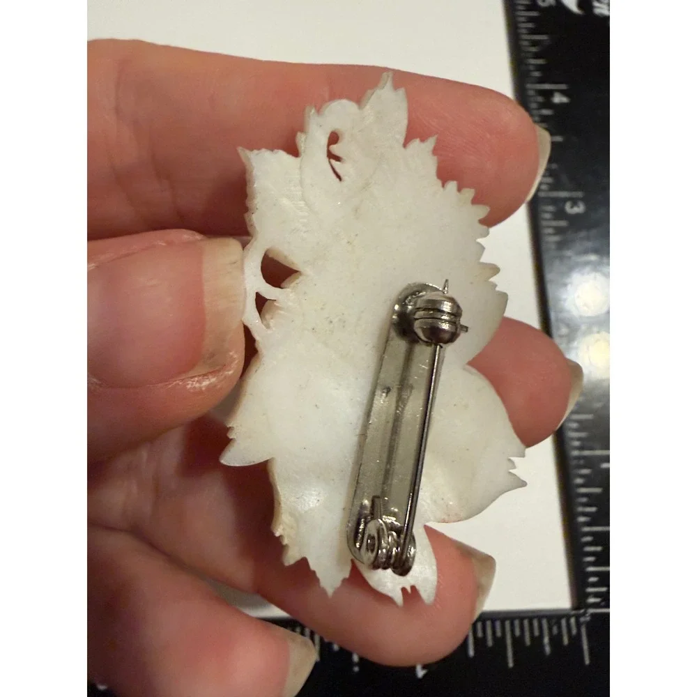 Carved Mother of Pearl Rose Brooch Pin Faux Pearl Center Floral Shell Jewelry